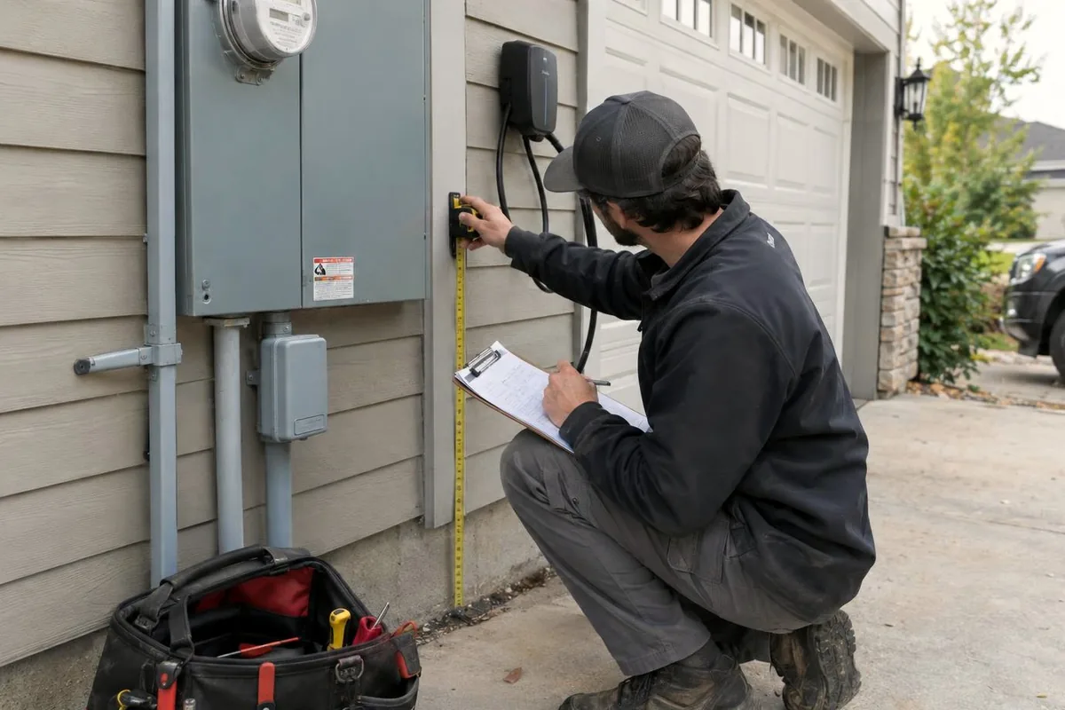 Electrician crouched beside an outdoor electrical panel, measuring the wall and writing on a clipboard