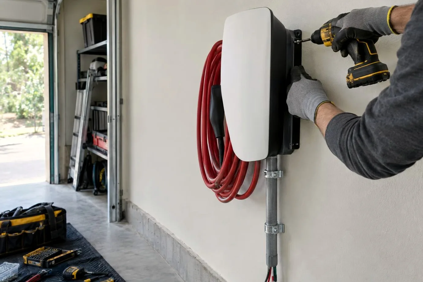 Gloved hand driving a screw into the mount of a white wall charger, with a red charging cable coiled beside it