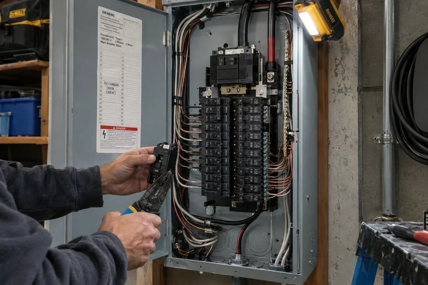 Electrician stripping a wire beside an open breaker panel lit by a work light